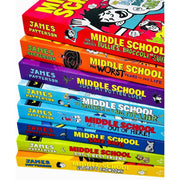 Arrow book set featuring James Patterson's Middle School 8-book collection, including The Worst Years of My Life, displayed with colorful covers.
