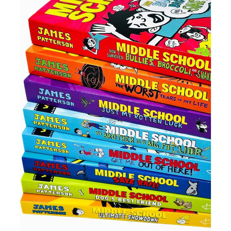 Arrow book set featuring James Patterson's Middle School 8-book collection, including The Worst Years of My Life, displayed with colorful covers.