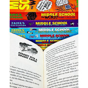 Arrow book set featuring James Patterson's Middle School 8-book collection, including The Worst Years of My Life, with colorful covers.