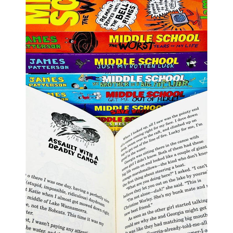 Arrow book set featuring James Patterson's Middle School 8-book collection, including The Worst Years of My Life, with colorful covers.