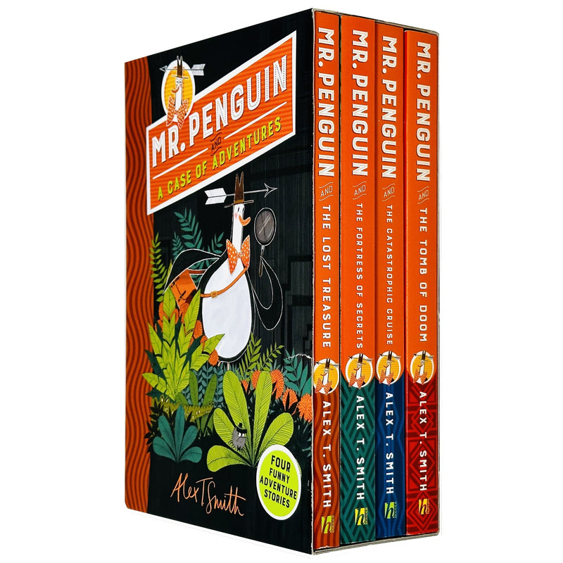Mr. Penguin and A Case of Adventure book collection box set by Alex T Smith, featuring four HODDER children's books in a colorful display.
