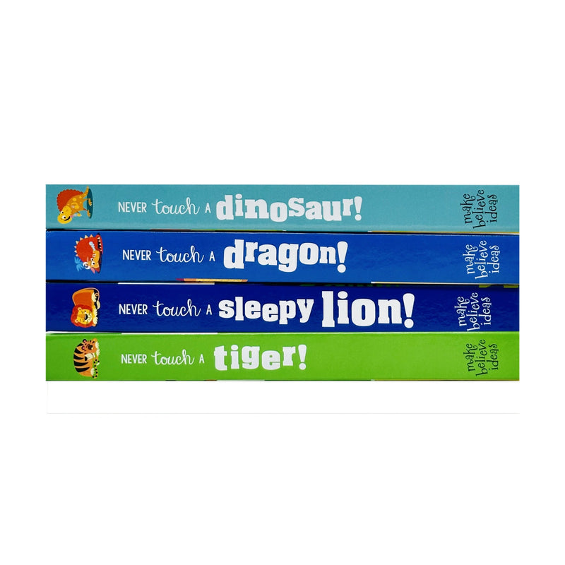 Collection of four children's books by Rosie Greening featuring dinosaurs, dragons, a sleepy lion, and a tiger from Make Believe Ideas Ltd.
