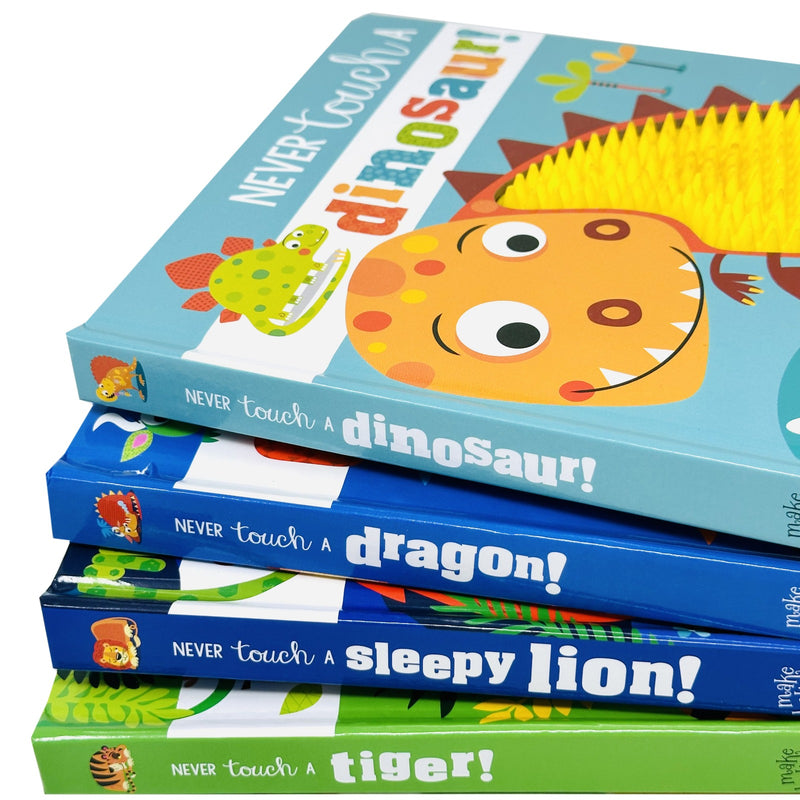 Set of four children's books by Rosie Greening featuring dinosaurs, dragons, a sleepy lion, and a tiger from Make Believe Ideas.
