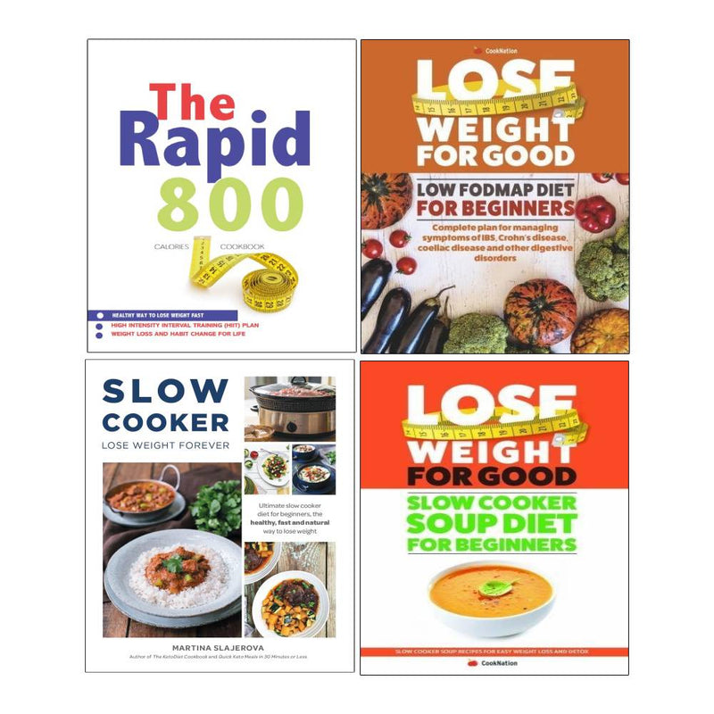 Set of four paperback cookbooks on low FODMAP diet by Martina Slajerova, featuring recipes and dietary tips, published by Iota Publishing.