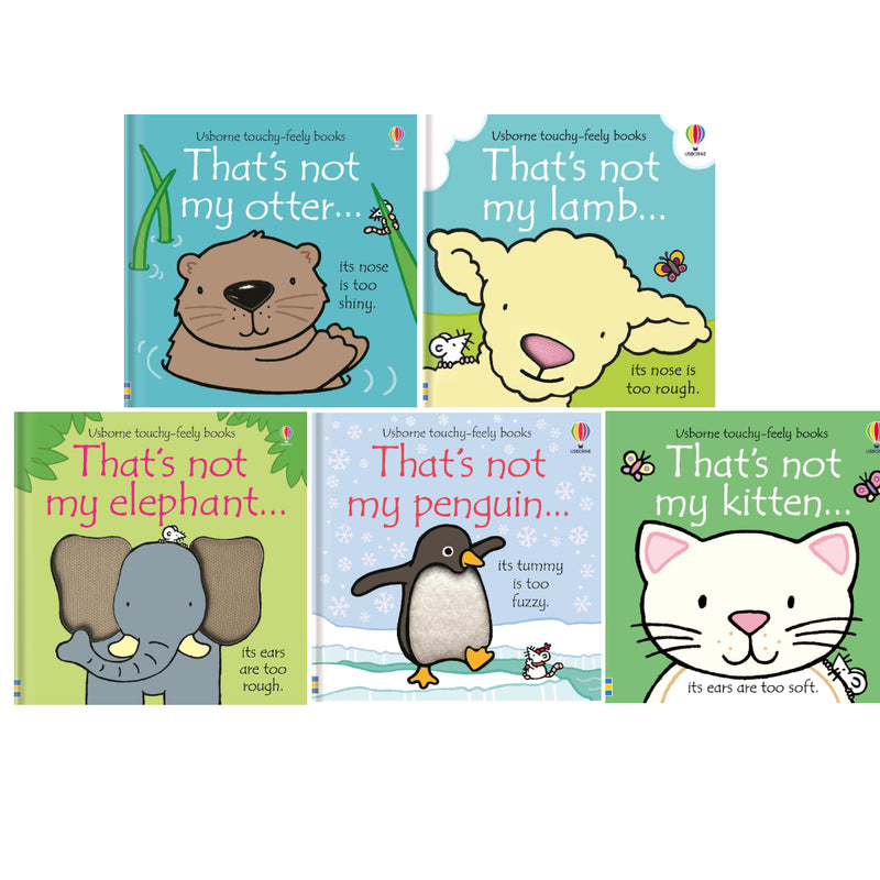 That's Not My 5 Books Collection set by Fiona Watt and Rachel Wells, featuring colorful Usborne board books for ages 0-2 years.