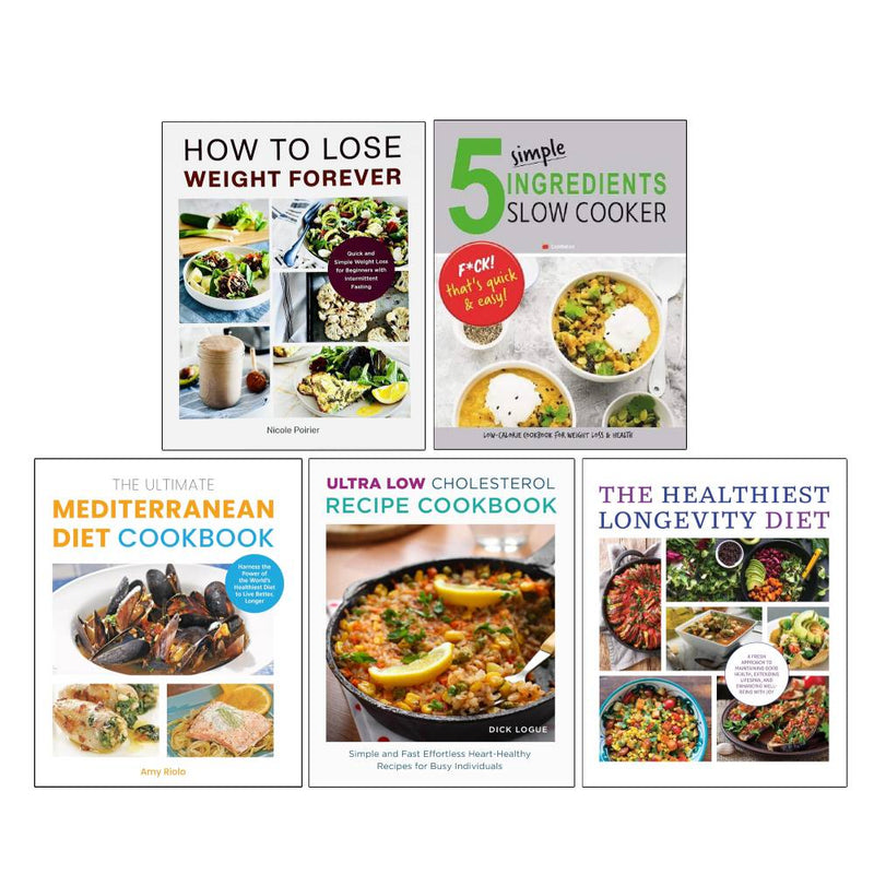 Collection of five paperback books on weight loss, Mediterranean diet, and low cholesterol by Nicole Poirier and Amy Riolo.