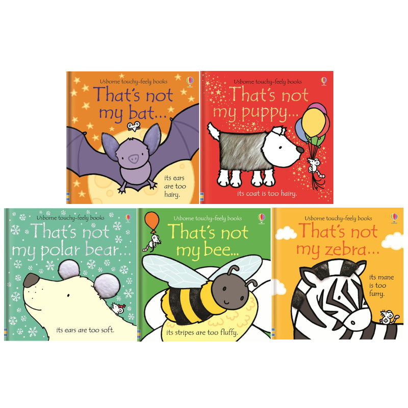 Set of five That's Not My… board books by Fiona Watt, featuring tactile textures for ages 0–3, published by Usborne Publishing.