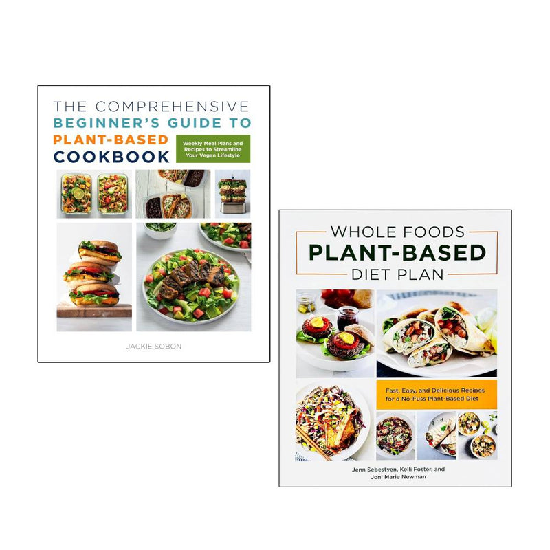 Two paperback books from Jackie Sobon on plant-based cooking and whole foods diet, featuring colorful recipe pages and cover images.