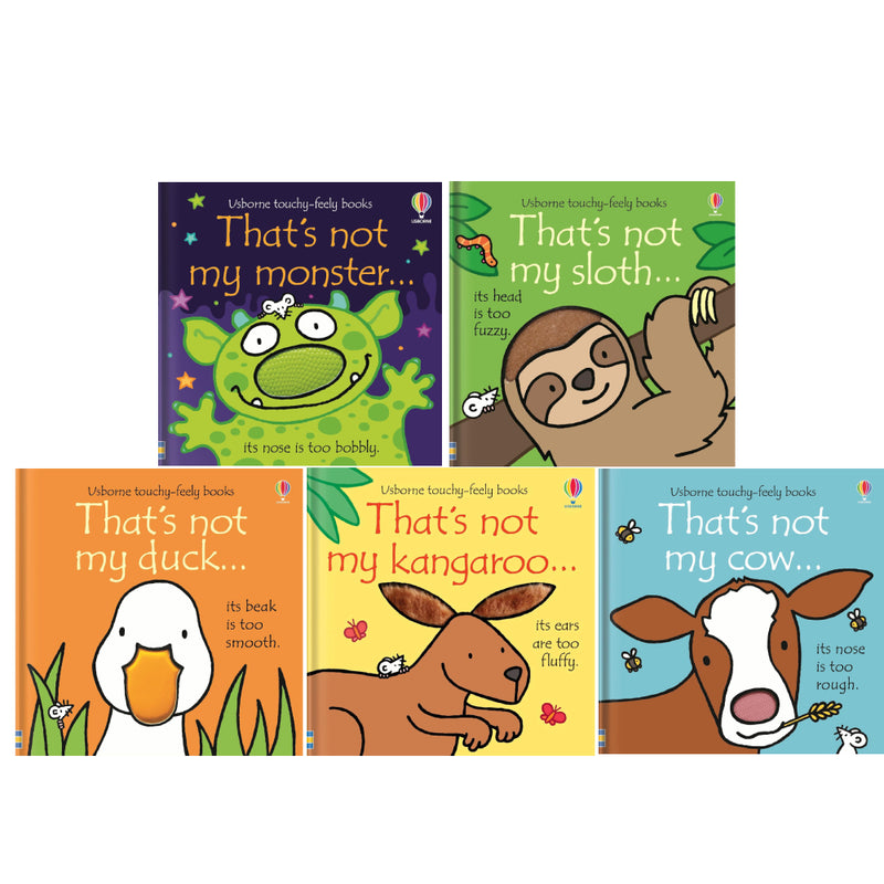 Set of five That's Not My... board books by Fiona Watt for ages 0-2, featuring textured pages and colorful animal illustrations.