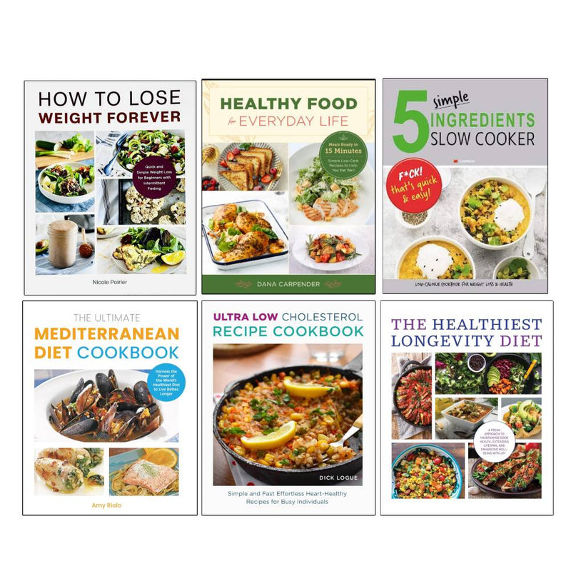 Set of six paperback books on the Mediterranean diet by Nicole Poirier and Amy Riolo, featuring healthy eating and weight loss tips.