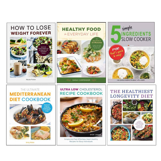 Set of six paperback books on the Mediterranean diet by Nicole Poirier and Amy Riolo, featuring healthy eating and weight loss tips.