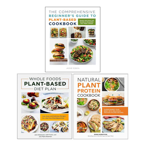 Set of three paperback books on plant-based diets by Sobon and Robertson, focusing on beginner’s guides and whole foods nutrition.