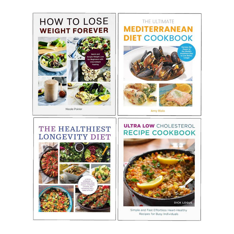 Collection of four paperback books on weight loss and Mediterranean diet by Nicole Poirier and Amy Riolo, featuring healthy eating tips.