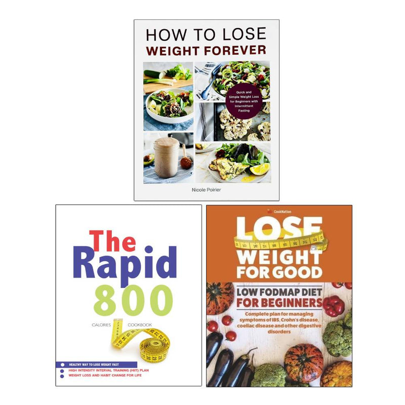 Set of three paperback books on weight loss and low FODMAP diet by Nicole Poirier and Iota, featuring book covers and titles.
