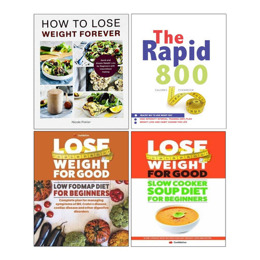 Collection of four paperback books on slow cooker soup diets and weight loss by Nicole Poirier and Iota Publishing.