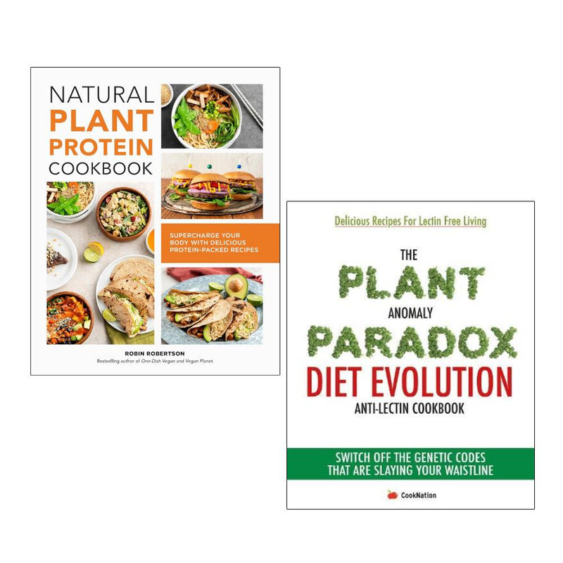 Set of three paperback books on natural plant protein and diet by Robin Robertson and Iota, featuring colorful covers and plant-based themes.