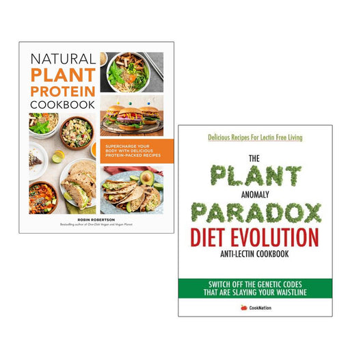 Set of three paperback books on natural plant protein and diet by Robin Robertson and Iota, featuring colorful covers and plant-based themes.