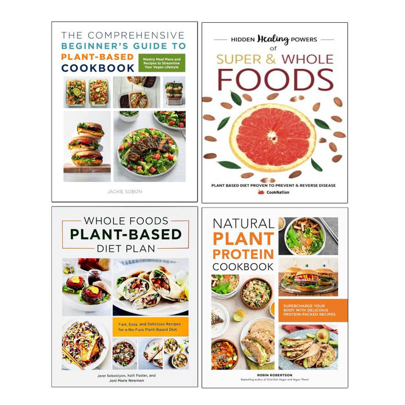 Collection of four paperback books on healing powers and plant-based diet by Jackie Sobon and Jenn Sebestyen, featuring vibrant cover designs.