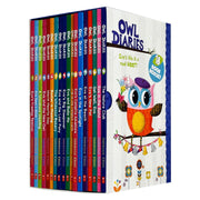 Set of 18 Owl Diaries books by Rebecca Elliott from Scholastic Ltd, featuring colorful covers with owl characters and festival scenes.