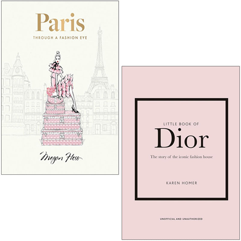 Collection of two books featuring Paris fashion illustrations by Megan Hess and Dior designs by Karen Homer.