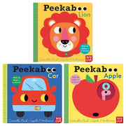 Peekaboo Series 3 books collection set by Camilla Reid, featuring Peekaboo Apple, Lion, and Car, shown in the image.