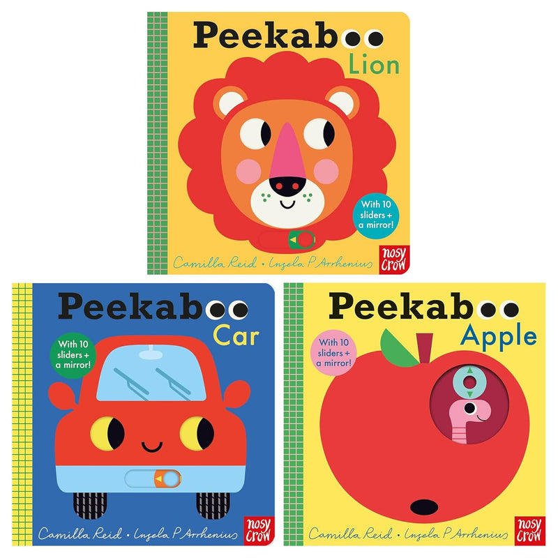 Peekaboo Series 3 books collection set by Camilla Reid, featuring Peekaboo Apple, Lion, and Car, shown in the image.