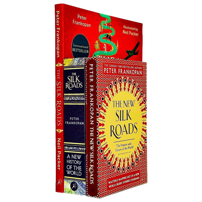 Vintage set of three books by Peter Frankopan: The First Crusade, The Silk Roads, and The New Silk Roads, with classic cover designs.