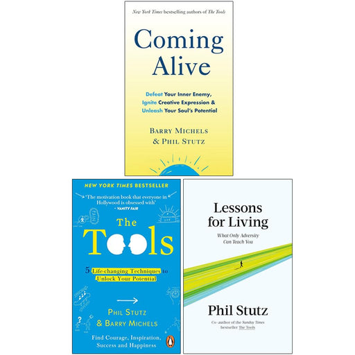 Vermilion collection of three books by Phil Stutz and Barry Michels, titled Coming Alive and Lessons for Living, displayed on a shelf.