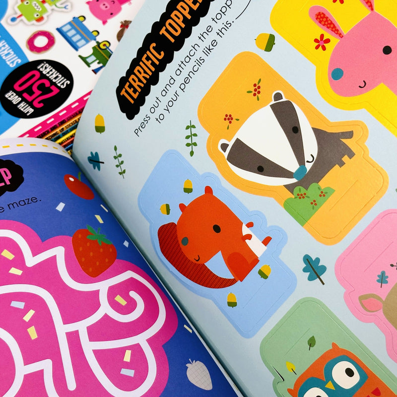 Set of 10 Playtime Learning Sticker Activity books by Make Believe Ideas Ltd, featuring search and find fun for kids.