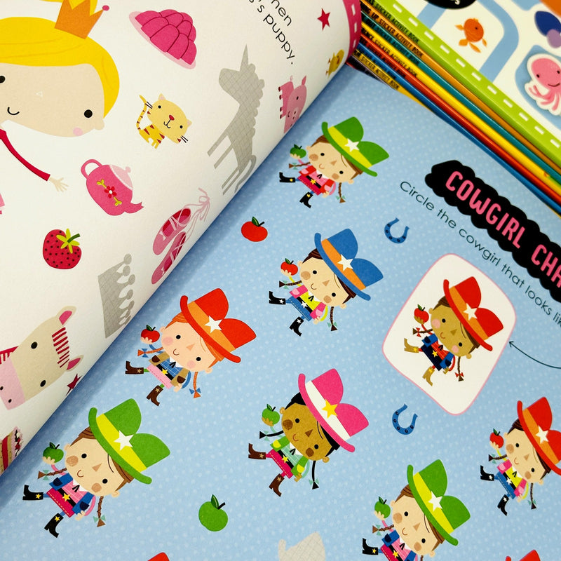 Set of 10 Playtime Learning Sticker Activity books by Make Believe Ideas Ltd featuring search and find fun for kids.
