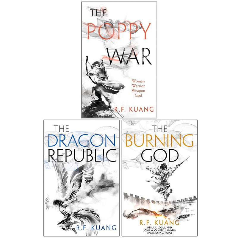 Three-book set of The Poppy War series by R.F. Kuang, including The Poppy War, The Dragon Republic, and The Burning God, published by HarperVoyager.