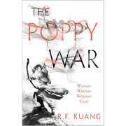 Three-book set of R.F. Kuang's Poppy War series, featuring covers of The Poppy War, The Dragon Republic, and The Burning God by HarperVoyager.