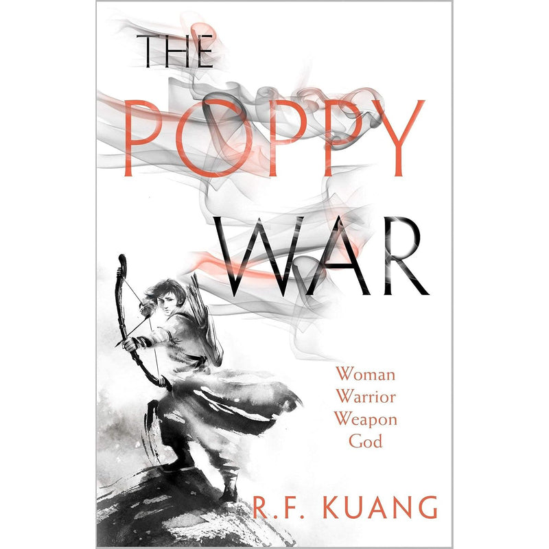 Three-book set of R.F. Kuang's Poppy War series, featuring covers of The Poppy War, The Dragon Republic, and The Burning God by HarperVoyager.
