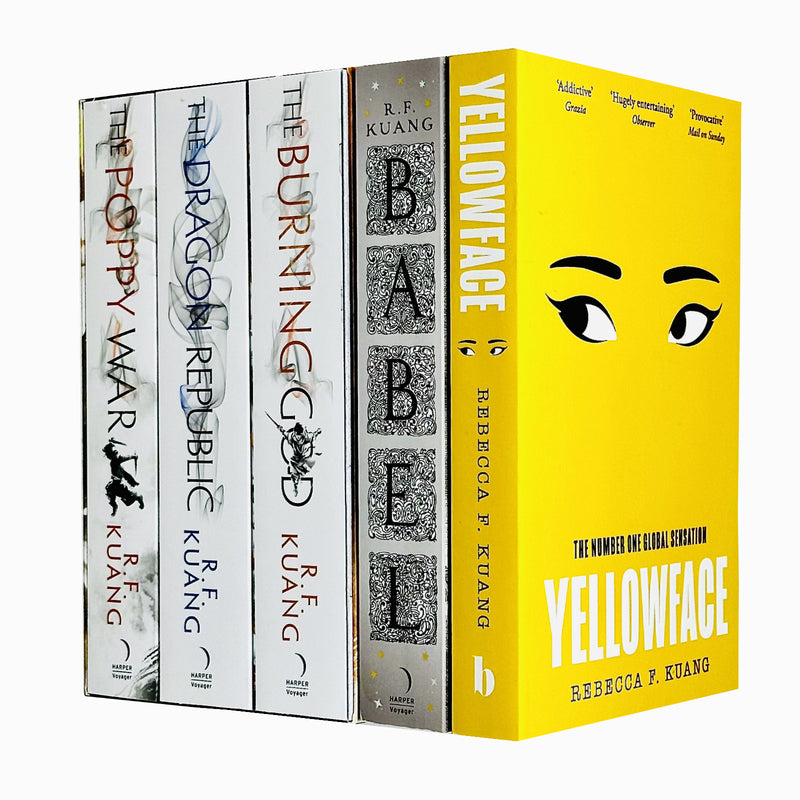 R.F. Kuang book collection with five titles including The Poppy War, Babel, and Yellowface, published by HarperVoyager and The Borough Press.