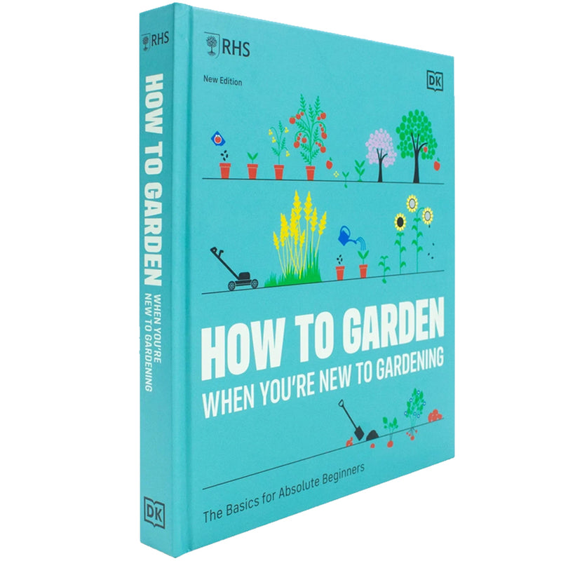 Hardcover book titled "How to Garden When You're New to Gardening" by DK, featuring gardening tips for absolute beginners.