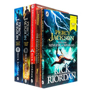 Five paperback books from Rick Riordan's Percy Jackson and Greek Gods collection, featuring young adult fantasy stories and mythology.