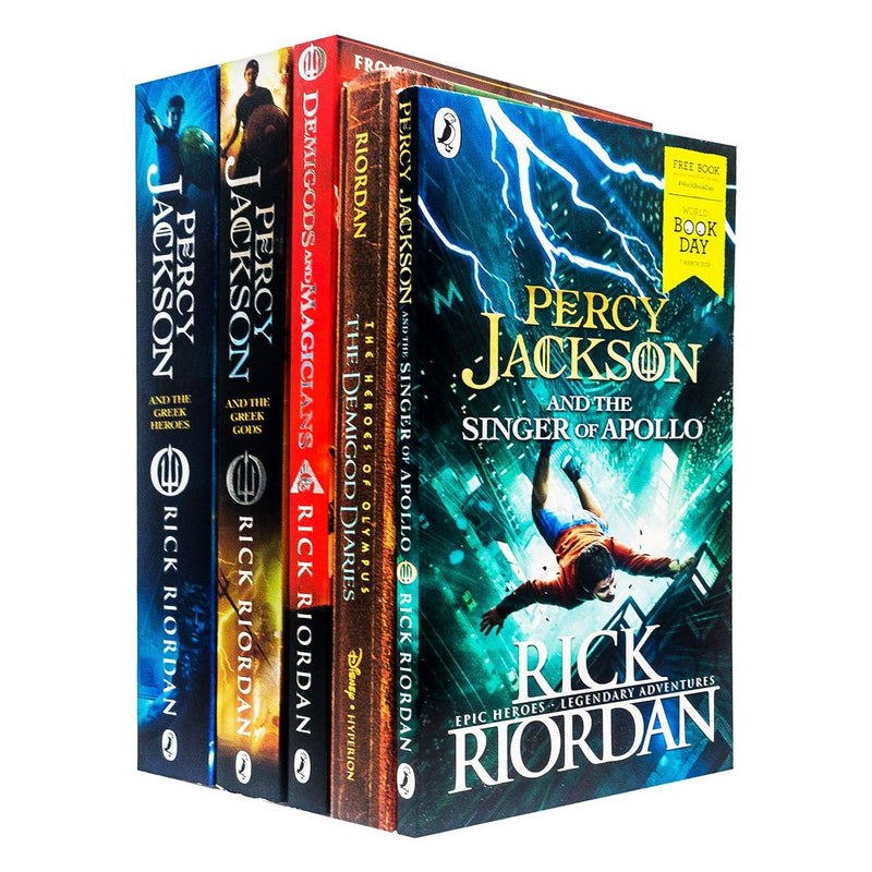 Five paperback books from Rick Riordan's Percy Jackson and Greek Gods collection, featuring young adult fantasy stories and mythology.