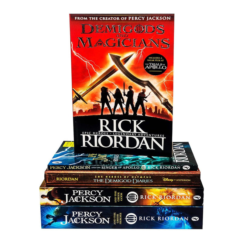 Five-book collection of Percy Jackson and Greek Gods by Rick Riordan, featuring paperback editions from Penguin/Disney for young adults.