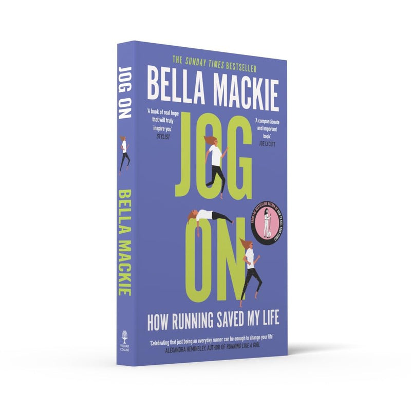 Paperback of "Jog On" by Bella Mackie, a non-fiction book about how running transformed her life, with a running shoe and book cover visible.