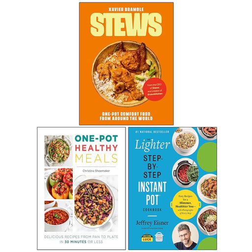 Collection of three cookbook books on healthy stew recipes and instant pot meals by Xavier Bramble, Christina Shoemaker, and Jeffrey Eisner.