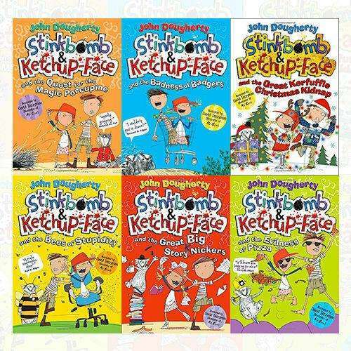 Six paperback Stinkbomb and Ketchup-Face books by John Dougherty, featuring colorful covers from the OUP Oxford collection.