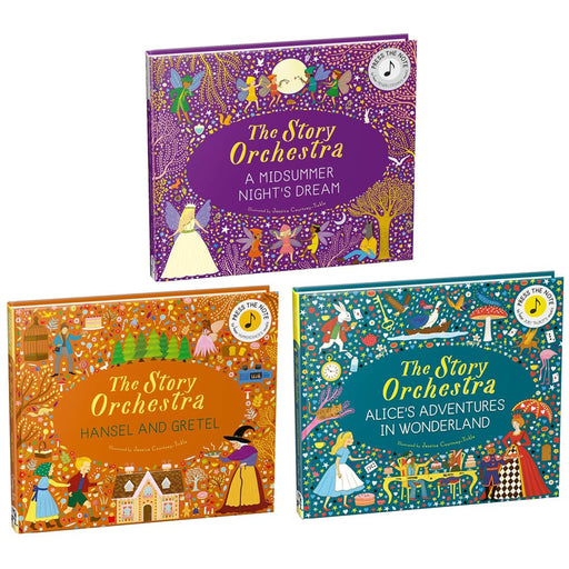Set of three hardback Story Orchestra books by Jessica Courtney Tickle featuring Shakespeare, Hansel, and Alice stories in colorful covers.