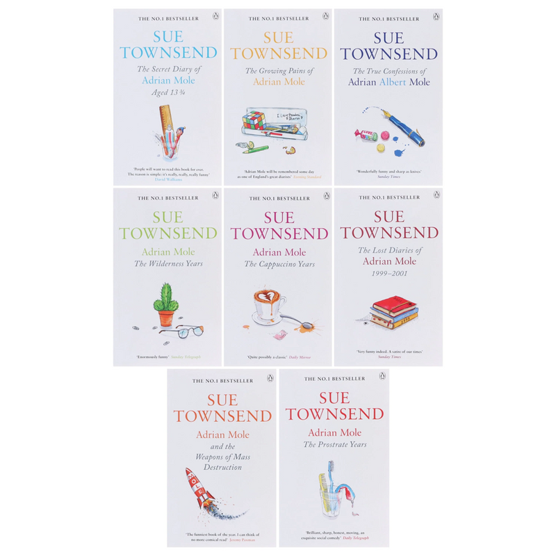 Eight paperback Sue Townsend Classics Series books by Penguin Books LTD, featuring colorful covers and varied fictional titles.