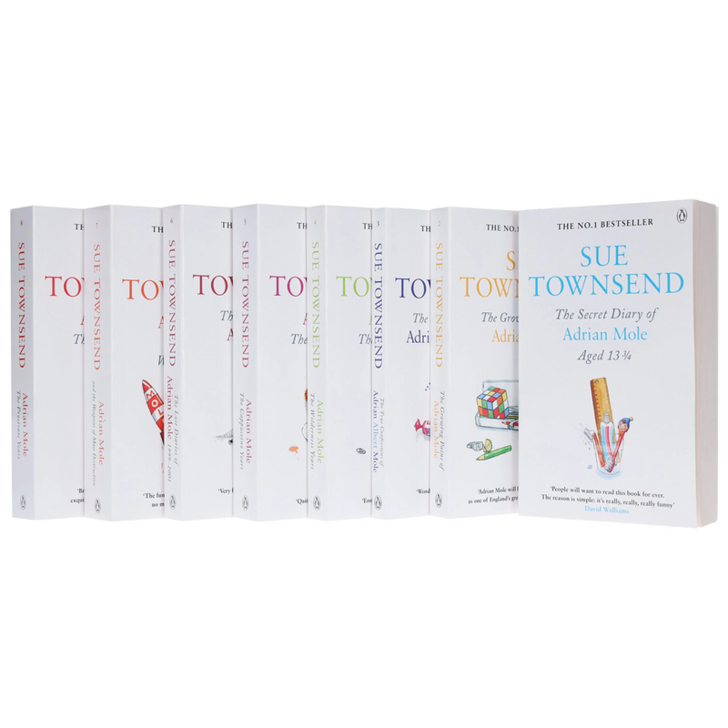 Set of 8 Sue Townsend Classics Series paperback books by Penguin Books LTD, featuring colorful covers and diverse fiction titles.