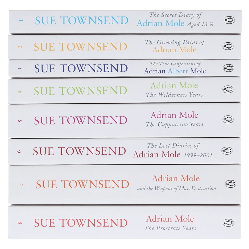 Set of eight Sue Townsend classic fiction books in paperback by Penguin Books, featuring colorful covers and detailed spine designs.