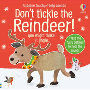 Don't Tickle Touchy Feely Sound Books by Sam Taplin, Usborne Publishing, featuring cow, reindeer, and dragon with textured pages for kids.