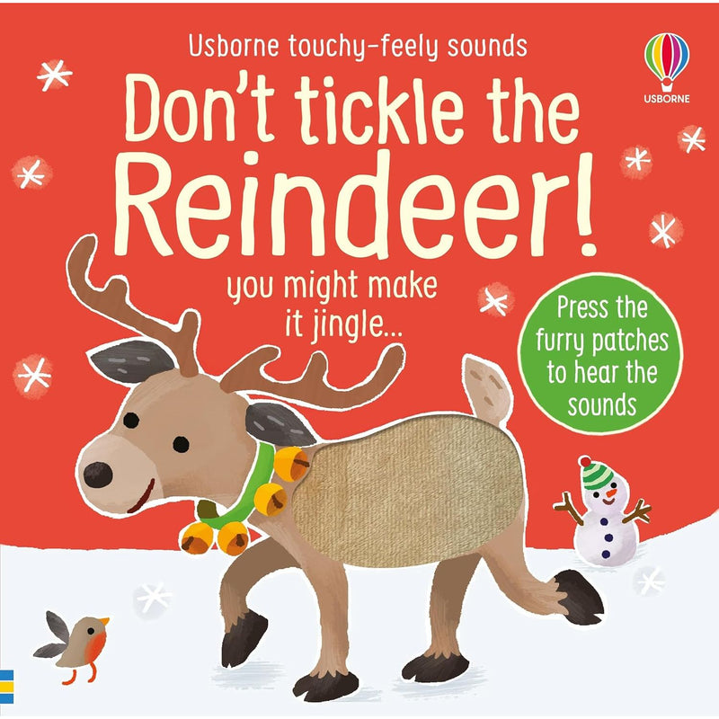 Don't Tickle Touchy Feely Sound Books by Sam Taplin, Usborne Publishing, featuring cow, reindeer, and dragon with textured pages for kids.