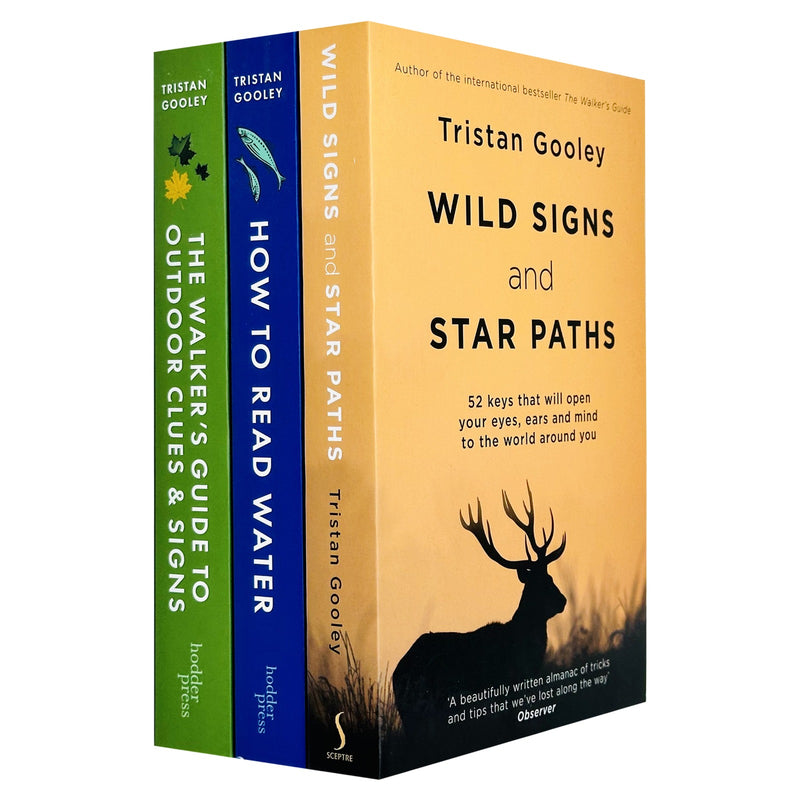 Set of three paperback books by Tristan Gooley on outdoor clues, water reading, wild signs, and star paths for nature navigation.