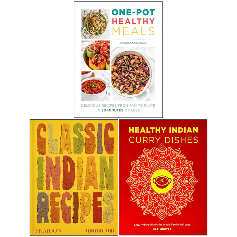 Set of three cookbooks on Indian recipes and healthy one-pot meals by Pushpesh Pant, Christina Shoemaker, and Hari Ghotra.