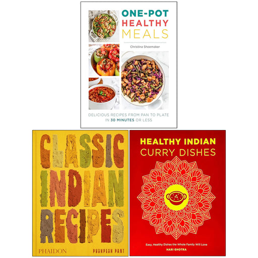 Set of three cookbooks on Indian recipes and healthy one-pot meals by Pushpesh Pant, Christina Shoemaker, and Hari Ghotra.